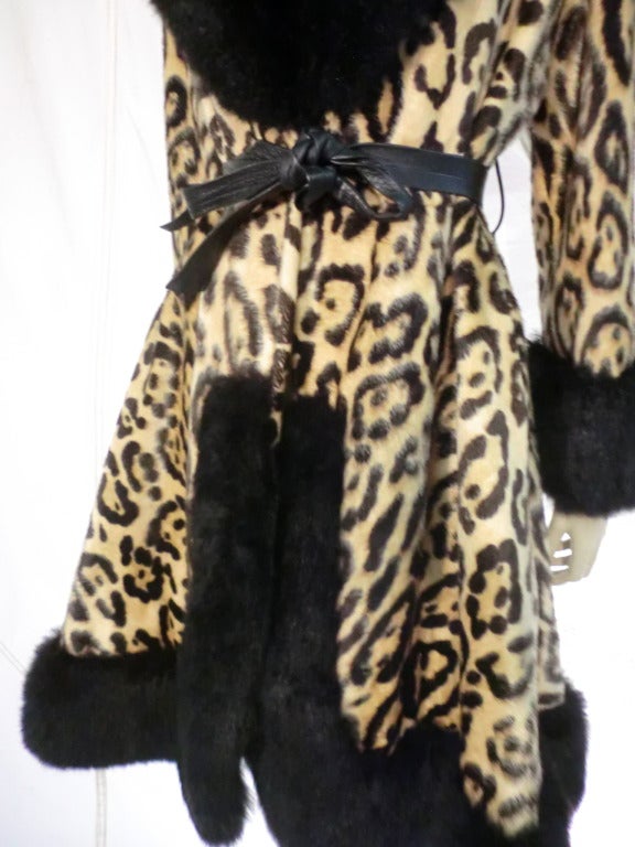 1960s Faux Leopard Princess Coat w/ Fox Fur Trim and Leather Belt In Excellent Condition In Gresham, OR