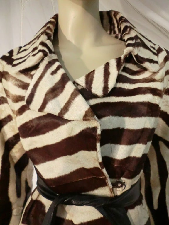 1960s Edward Loewell Zebra Hide Mod Trench Coat w/ Leather Belt and Trim In Excellent Condition In Gresham, OR