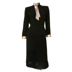 1940s Divinely Tailored Black Wool Skirt Suit w/ Military Button Trim