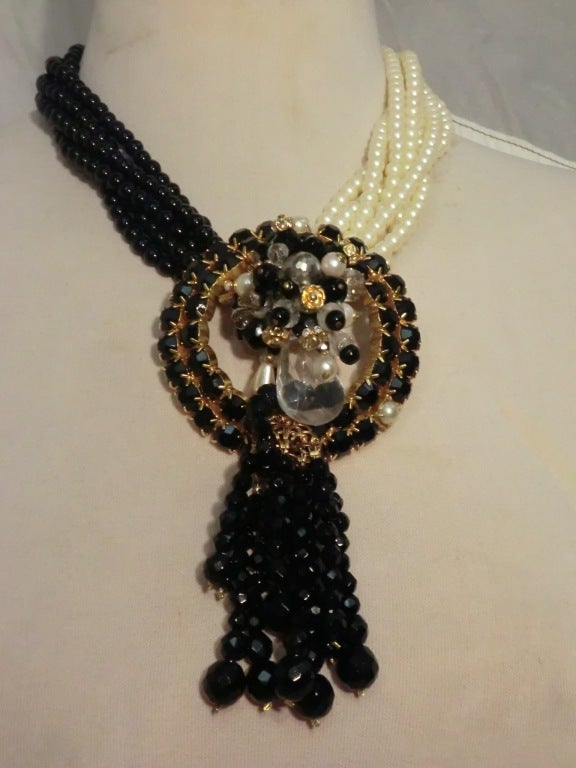 1960s Black and White Beaded Tassel Necklace In Excellent Condition In Gresham, OR