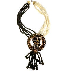 1960s Black and White Beaded Tassel Necklace