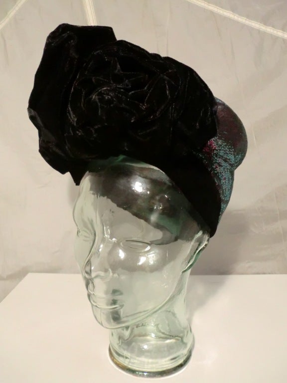 1940s Trina Roublon Velvet and Iridescent Lame Evening Hat 1