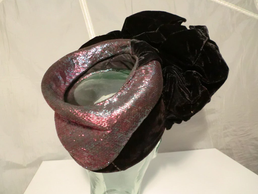 1940s Trina Roublon Velvet and Iridescent Lame Evening Hat 2