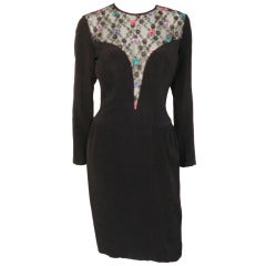 1980s Bob Mackie Deep Plunging Lace and Silk Crepe Cocktail Dress 1