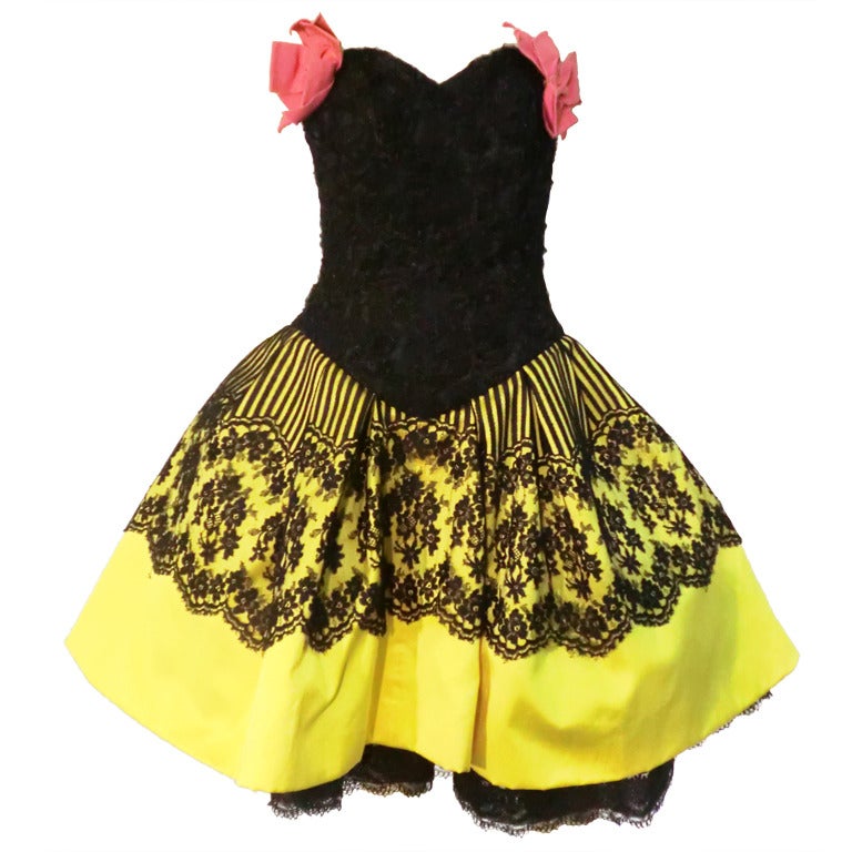 Exceptional Spring 1988 Christian Lacroix Demi-Couture Luxe Label Black Pouf Dress w Attached Shoulder Piece