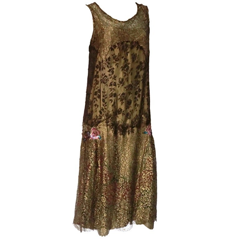 1920s Exquisite Gold Lame Lace Tea Dress with Hand Painting at 1stDibs