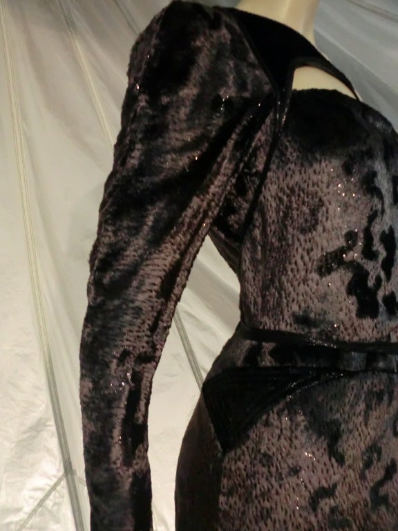 Black Geoffrey Beene Panne Velvet Asymmetrical Gown w/ Quilted Harness
