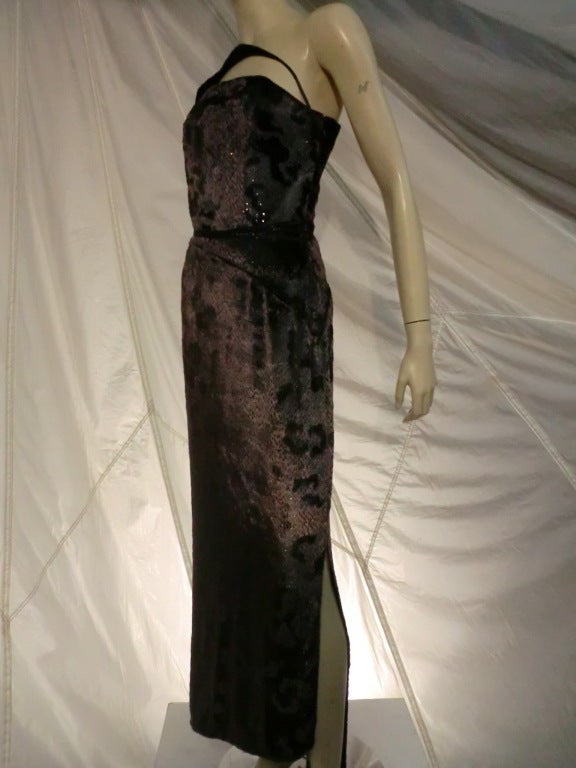 Geoffrey Beene Panne Velvet Asymmetrical Gown w/ Quilted Harness In Excellent Condition In Gresham, OR