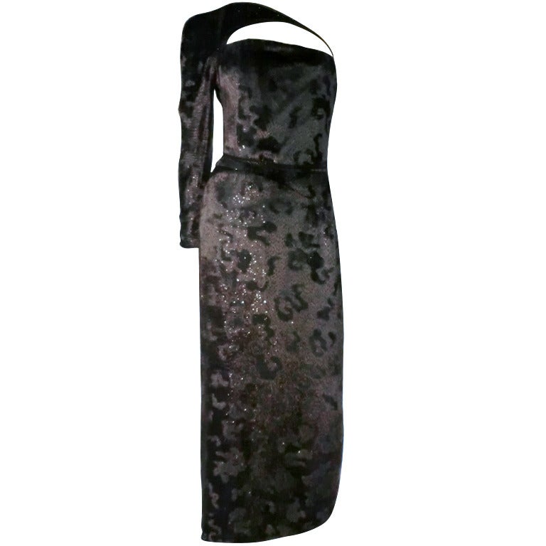 Geoffrey Beene Panne Velvet Asymmetrical Gown w/ Quilted Harness