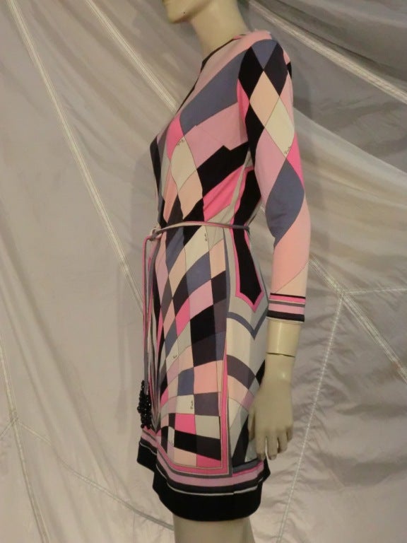 Women's 1960s Emilio Pucci Silk Jersey Op-Art Print Mini Dress w/ Belt