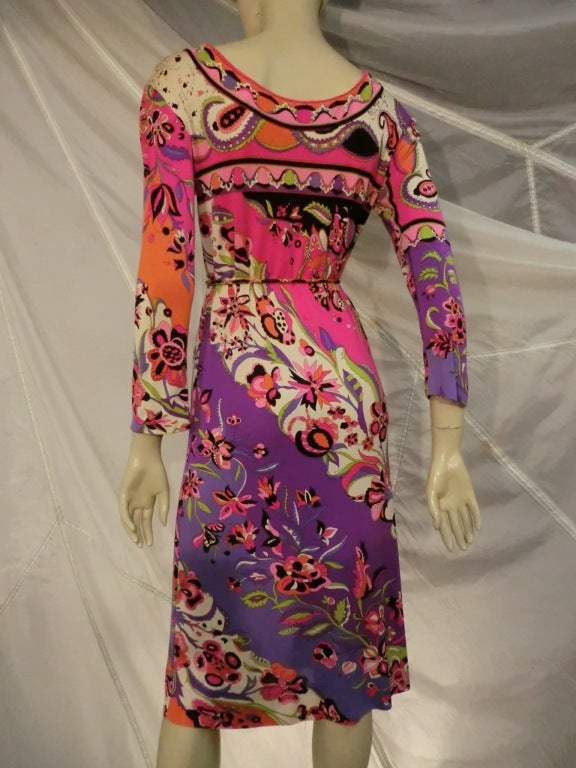 1960s Emilio Pucci Silk Jersey Psychedelic Print Dress in Pink, Purple and Black In Good Condition In Gresham, OR