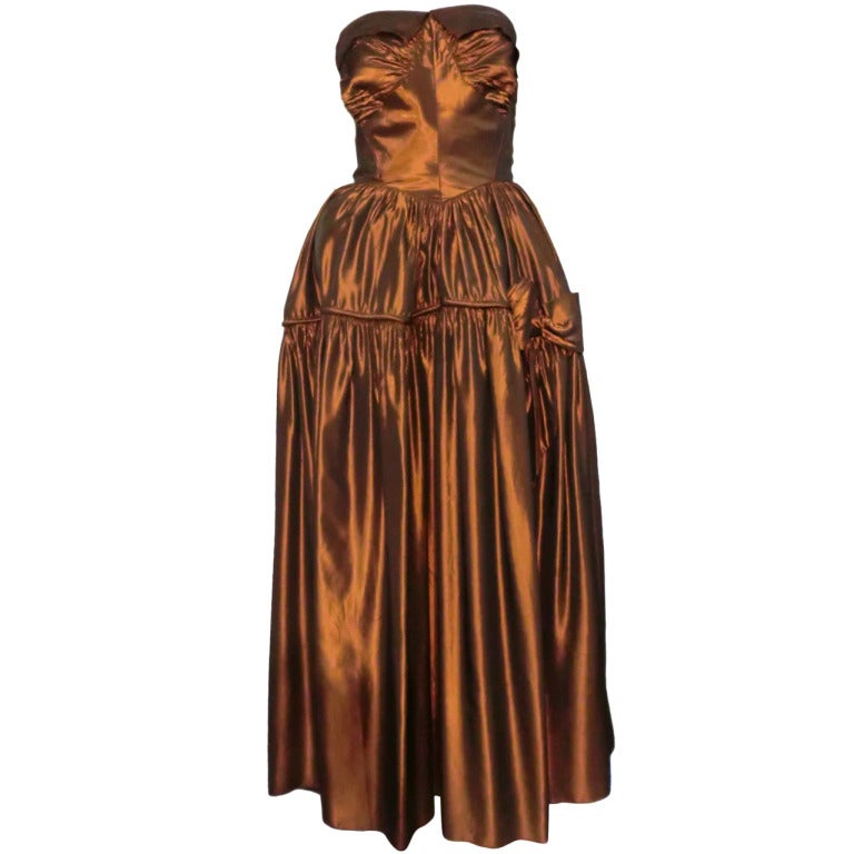 1940s Fred Perlberg Brown Iridescent Taffeta Strapless Ball Gown