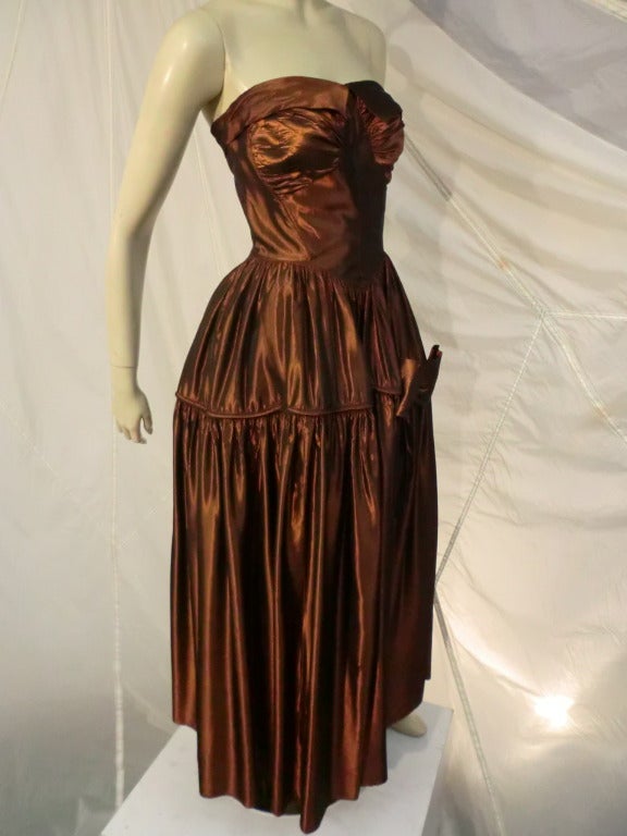 1940s Fred Perlberg Brown Iridescent Taffeta Strapless Ball Gown 2