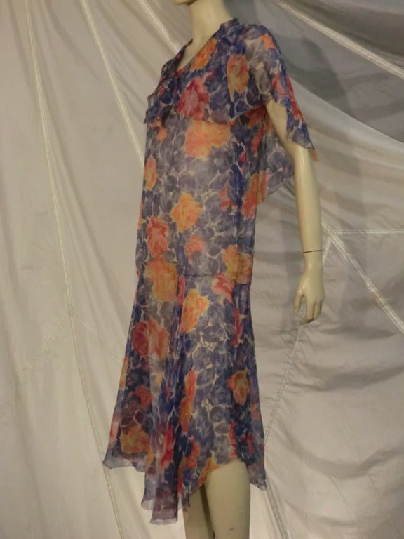 1920s silk chiffon floral print dropped-waist flutter sleeve tea dress.