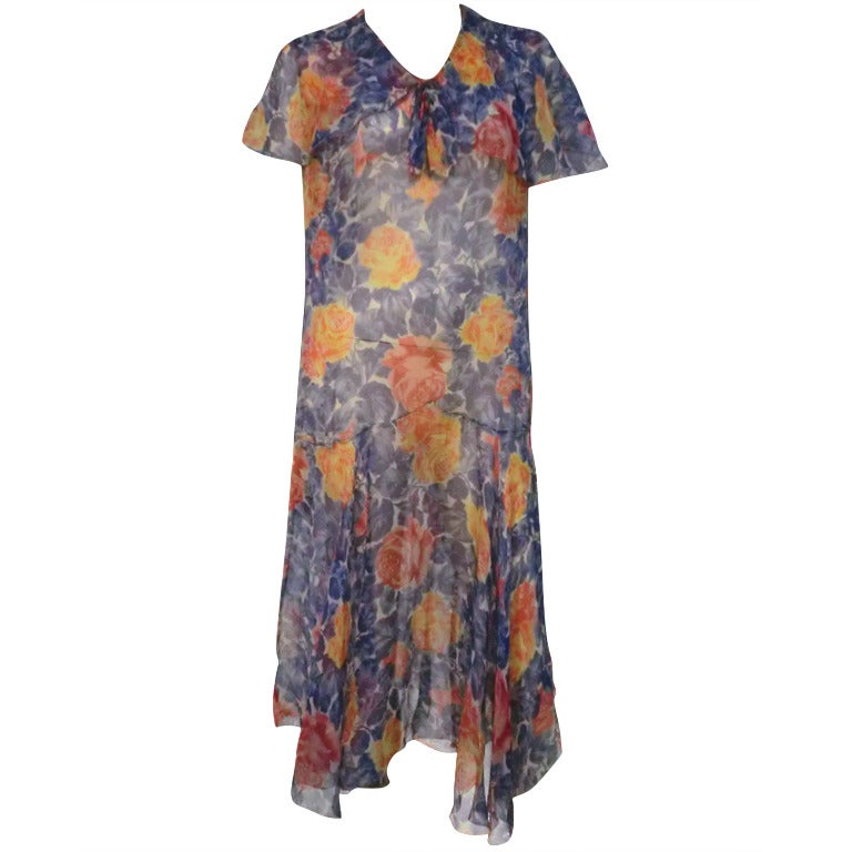 1920s Silk Chiffon Floral Print Dropped Waist Flutter Sleeve Tea Dress