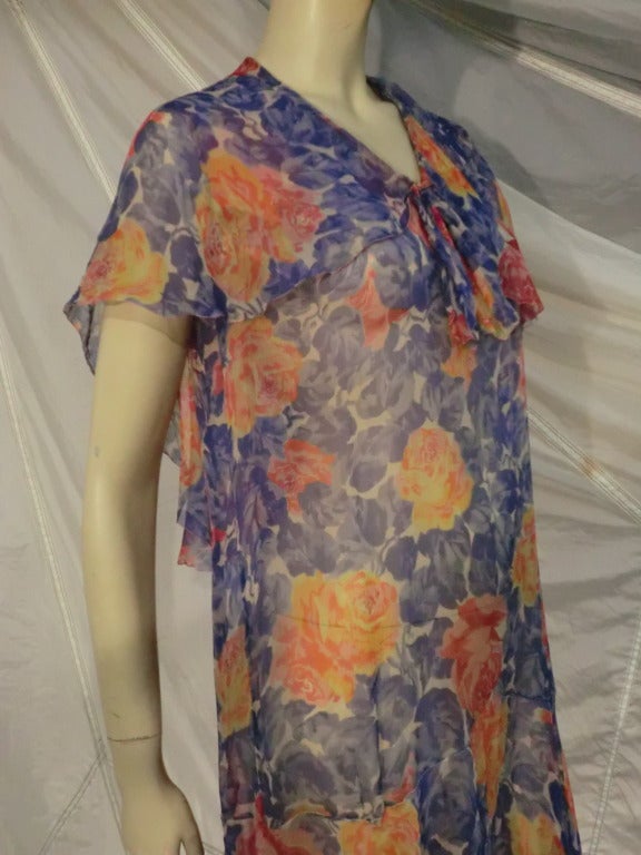 Gray 1920s Silk Chiffon Floral Print Dropped Waist Flutter Sleeve Tea Dress