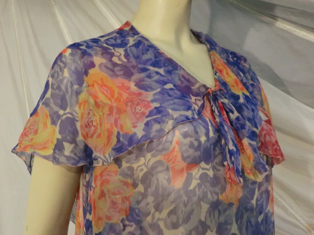 Women's 1920s Silk Chiffon Floral Print Dropped Waist Flutter Sleeve Tea Dress