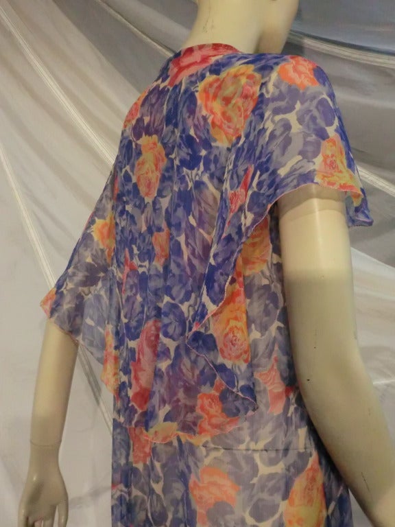 1920s Silk Chiffon Floral Print Dropped Waist Flutter Sleeve Tea Dress 1