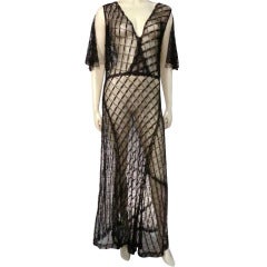 Vintage 1930s Black Sheer Bias Tulle Gown w/ Flutter Caplet