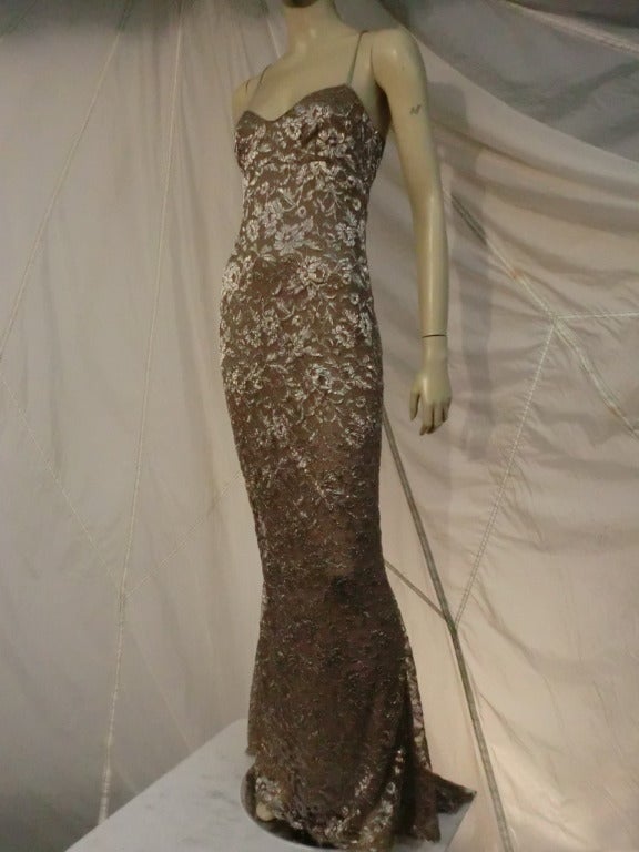 A gorgeous Calvin Klein champagne metallic silk lace gown with fishtail train.  Completely lined in mocha silk. Sold at Saks Fifth Avenue.