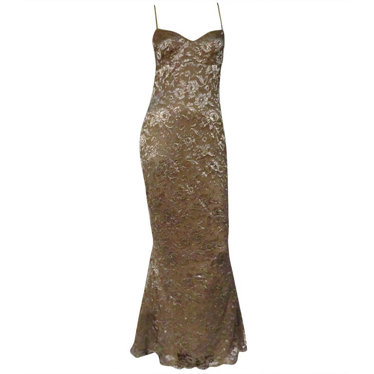 Calvin Klein Champagne Silk Metallic Lace Gown with Fishtail Train at  1stDibs