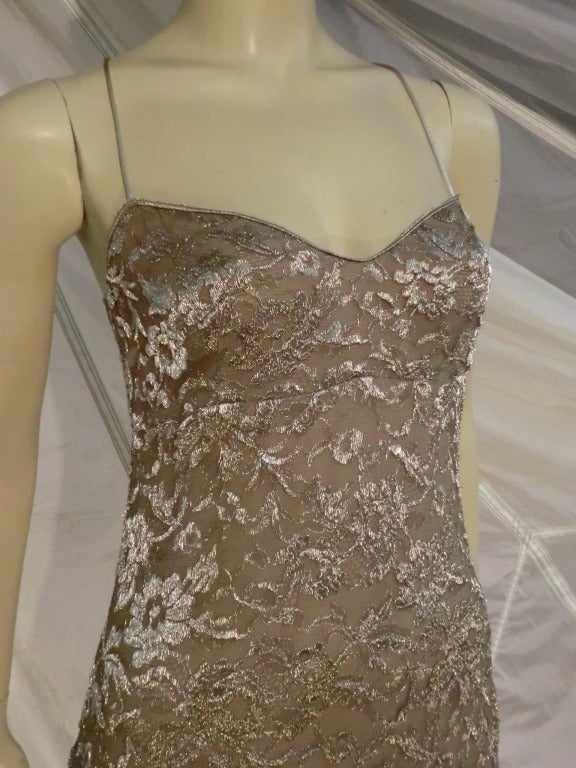 Women's Calvin Klein Champagne Silk Metallic Lace Gown with Fishtail Train