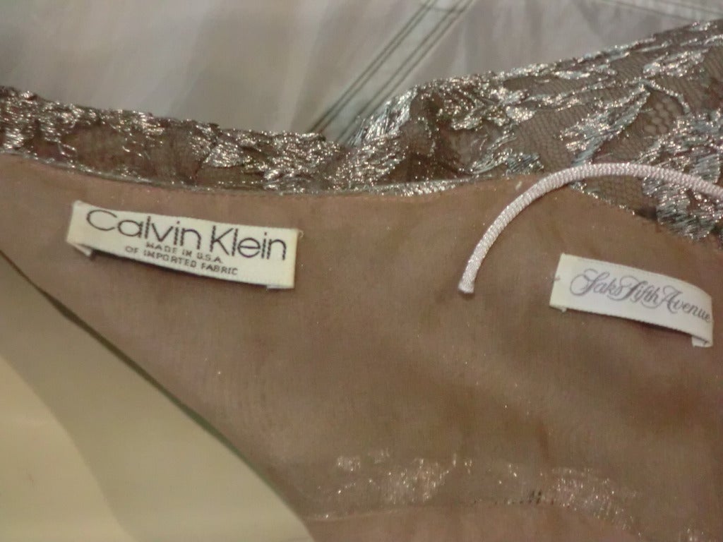 Calvin Klein Champagne Silk Metallic Lace Gown with Fishtail Train 1