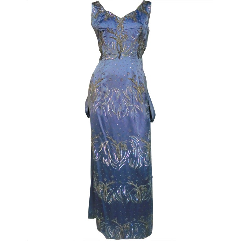 1950s Christian Dior Ice Blue Silk Satin Bustle-Back Beaded Gown