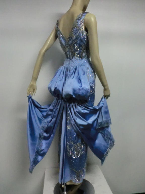 1950s Christian Dior Ice Blue Silk Satin Bustle-Back Beaded Gown 1