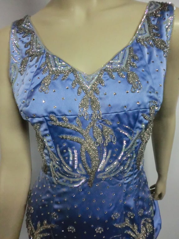 1950s Christian Dior Ice Blue Silk Satin Bustle-Back Beaded Gown 2