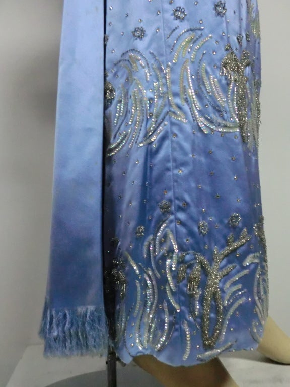 1950s Christian Dior Ice Blue Silk Satin Bustle-Back Beaded Gown 3