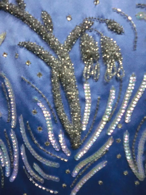 1950s Christian Dior Ice Blue Silk Satin Bustle-Back Beaded Gown 4