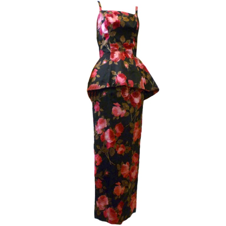 Elegant Mr. Blackwell 50s Floral Column w/ Structured Peplum
