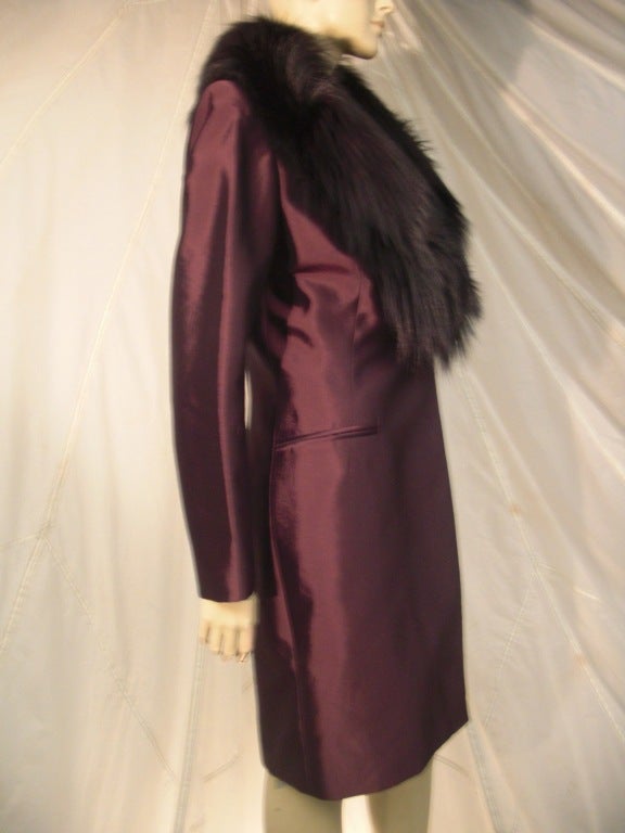 A fabulous Pamela Dennis 2-piece strapless dress and fur-collared jacket ensemble!  Aubergine iridescent sharkskin fabric and black fox fur.