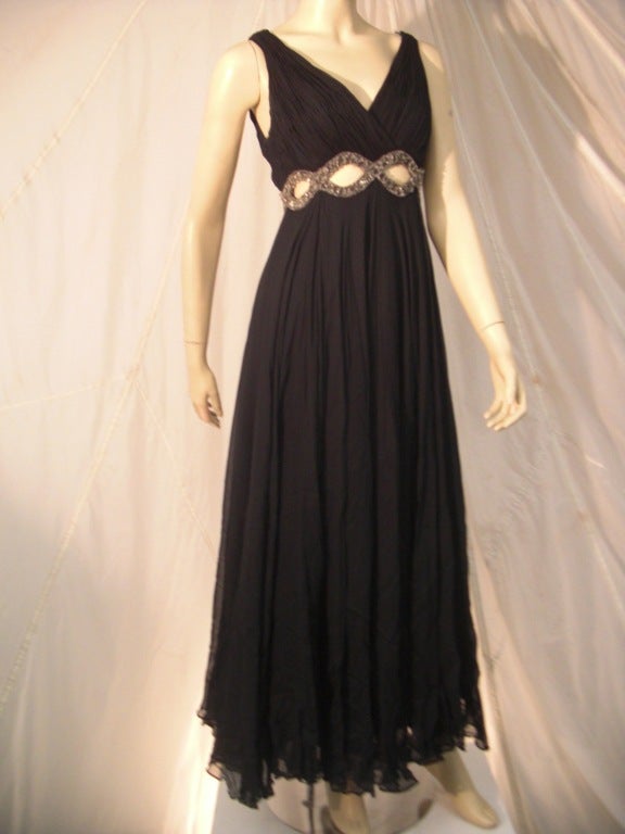 1960s Grecian Style Chiffon Gown w/ Empire Beaded Cut-Outs
