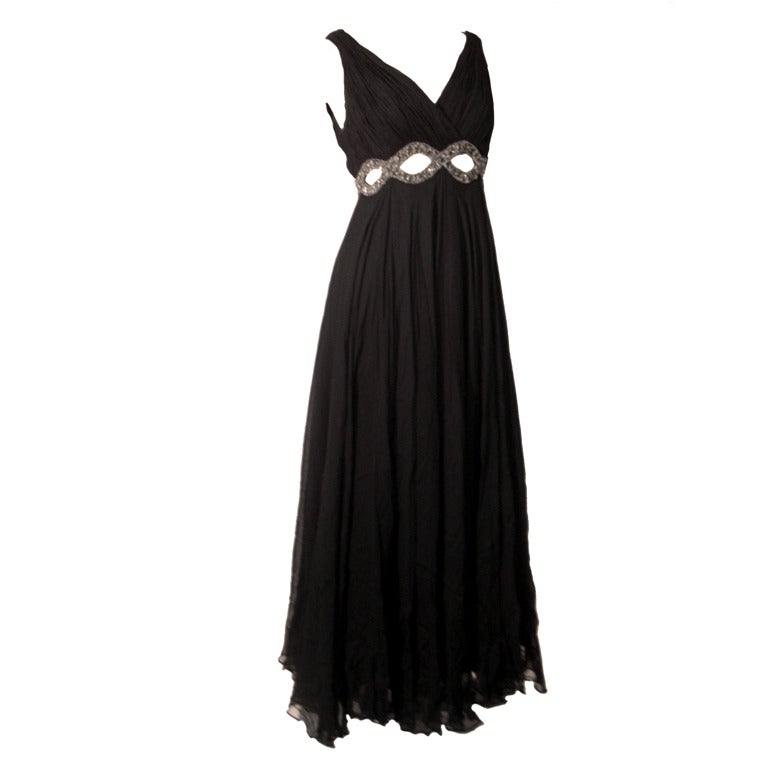 1960s Grecian Style Chiffon Gown w/ Empire Beaded Cut-Outs at 1stdibs