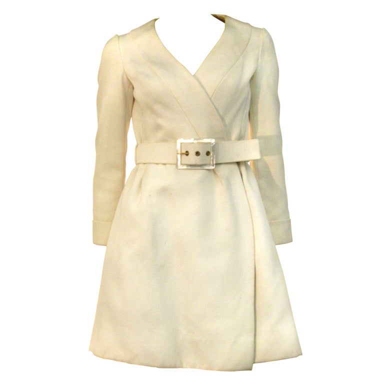 1960s James Galanos Silk Faille Wrap Coat Dress w/ Belt