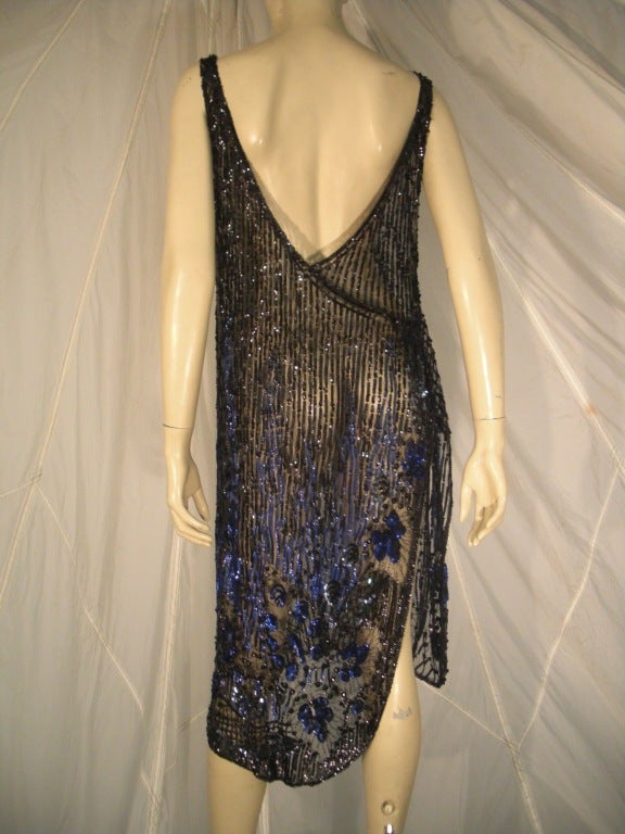 Black 1920s Beaded Silk Tulle Over-Dress with Heavy Beading and Sequins