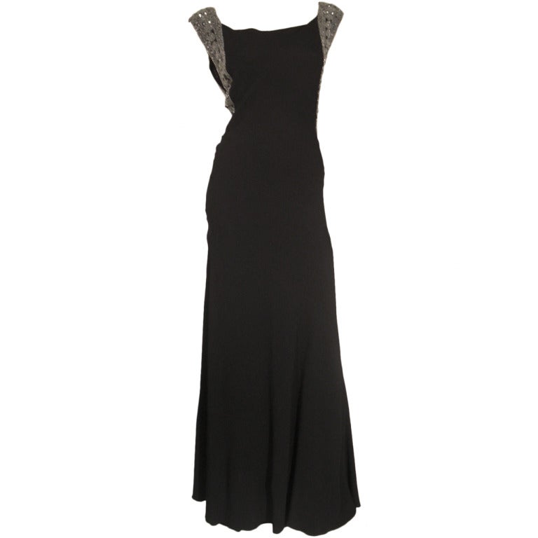 1930s Black Crepe Gown w/ Beading Attributed to Patou