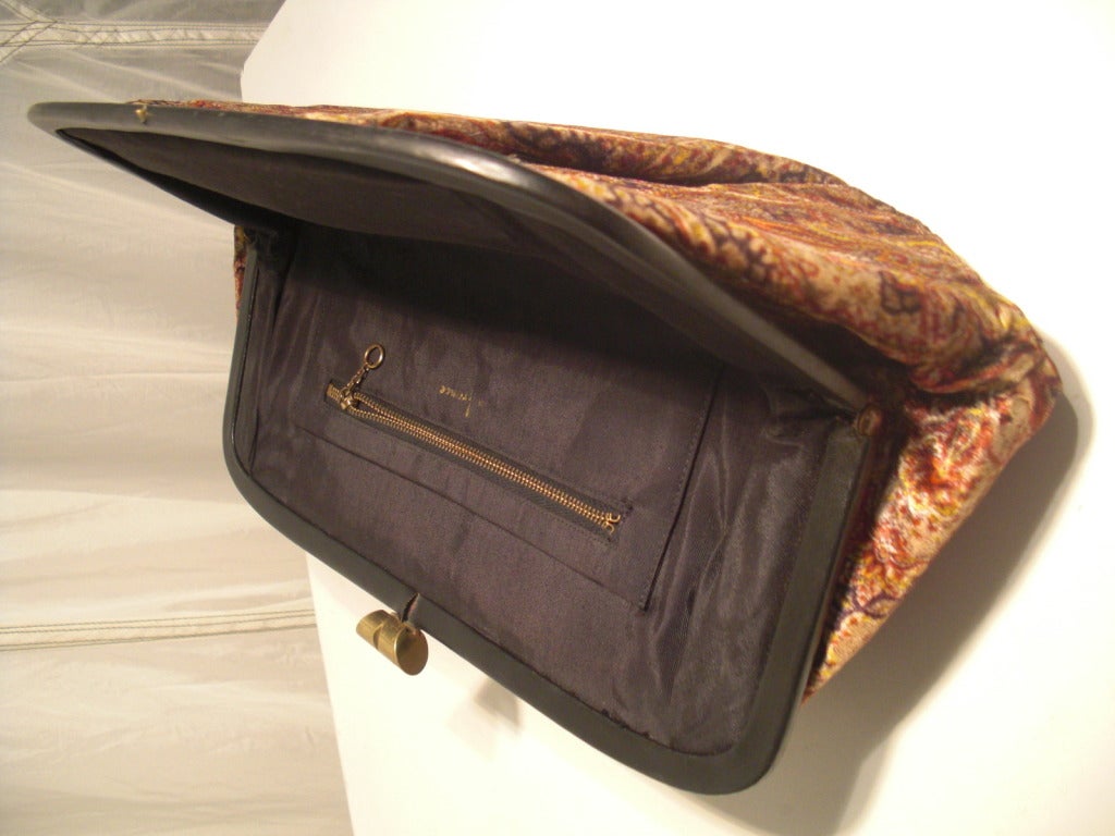 Brown 1950s La France Paisley Velvet and Leather Clutch