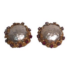 1940s Miriam Haskell Faux Pearl Button Earrings with Rhinestones