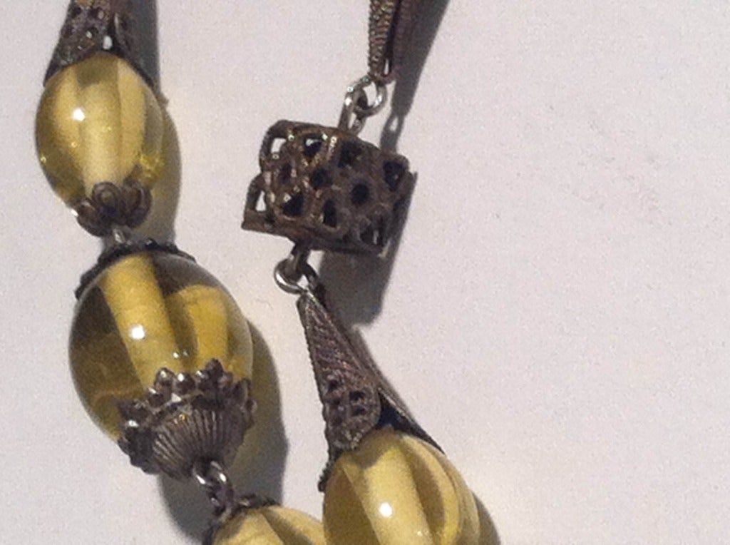 Art Deco 1920s Citrine Yellow Glass Bead and Brass Necklace