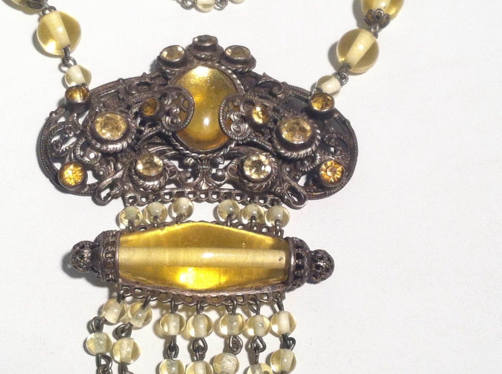 1920s Citrine Yellow Glass Bead and Brass Necklace In Excellent Condition In Gresham, OR