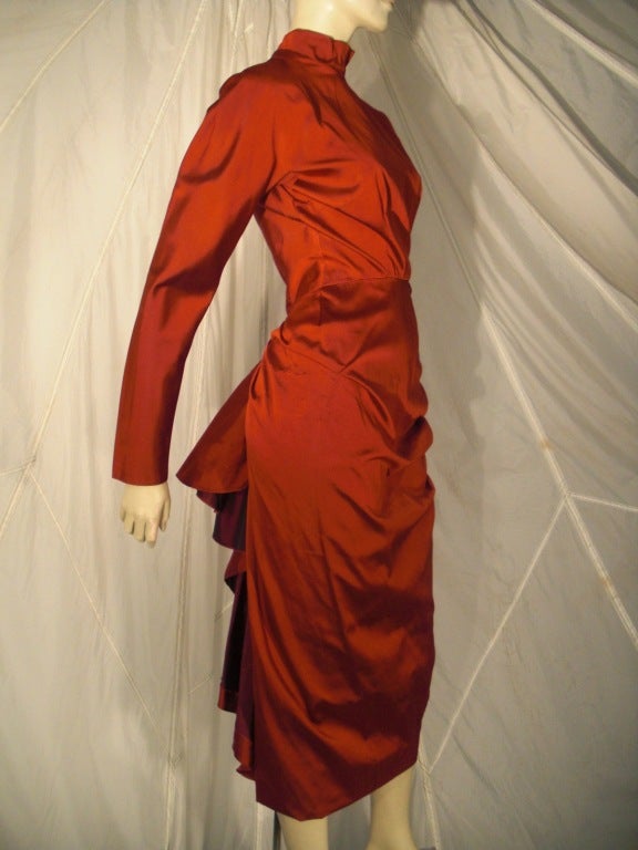 1950s Scarlet Silk Faille Cocktail Dress w/ Back Bustle, High Neck and Long Sleeves In Excellent Condition In Gresham, OR