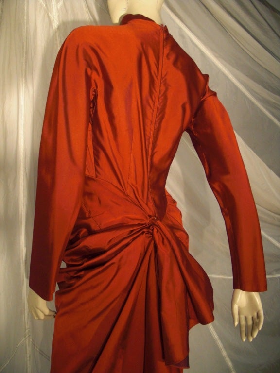 1950s Scarlet Silk Faille Cocktail Dress w/ Back Bustle, High Neck and Long Sleeves 1