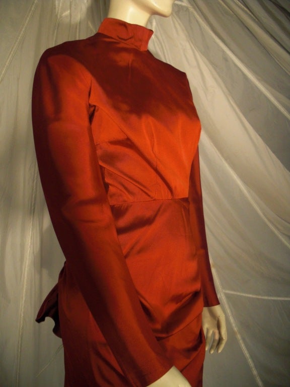 1950s Scarlet Silk Faille Cocktail Dress w/ Back Bustle, High Neck and Long Sleeves 4