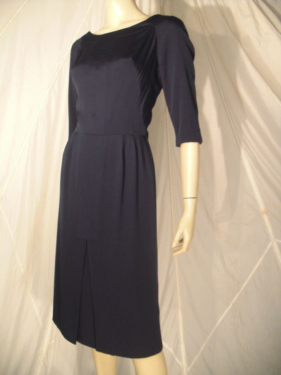 1950s Helen Rose Navy Charmeuse Tailored Day Dress In Excellent Condition In Gresham, OR