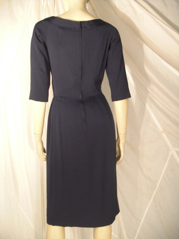 1950s Navy Blue Bonwit Teller Day Dress with Faille Bow and Cartridge Peat Detail In Excellent Condition In Gresham, OR