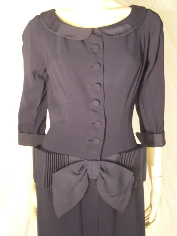 Women's 1950s Navy Blue Bonwit Teller Day Dress with Faille Bow and Cartridge Peat Detail