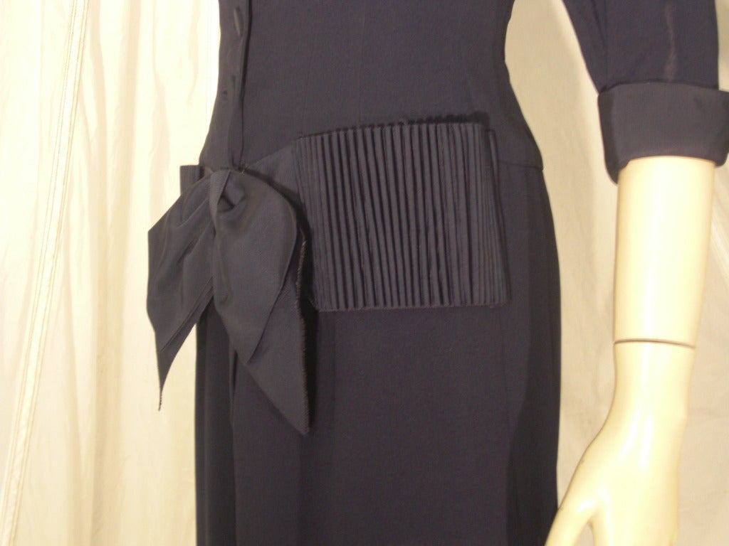 1950s Navy Blue Bonwit Teller Day Dress with Faille Bow and Cartridge Peat Detail 1